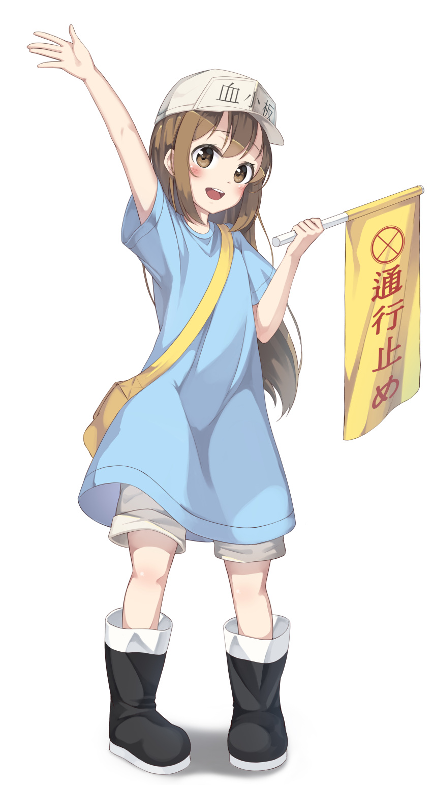 1girl :d absurdres arm_up bag black_footwear blue_shirt blush boots brown_eyes brown_hair character_name clothes_writing commentary_request flag flat_cap full_body grey_hat grey_shorts hat hataraku_saibou head_tilt highres holding holding_flag kimyo long_hair open_mouth pigeon-toed platelet_(hataraku_saibou) romaji_commentary round_teeth shirt short_shorts short_sleeves shorts shoulder_bag smile solo standing teeth upper_teeth very_long_hair white_background