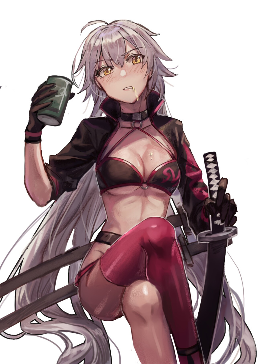 1girl ahoge beer_can belt breasts brown_eyes can choker cleavage crossed_arms drinking dripping eyebrows_visible_through_hair fate/grand_order fate_(series) grey_hair hair_between_eyes highres jeanne_d'arc_(alter)_(fate) jeanne_d'arc_(alter_swimsuit_berserker) jeanne_d'arc_(fate)_(all) katana long_hair medium_breasts mento messy_hair red_legwear scabbard sheath sheathed simple_background single_thighhigh solo swimsuit sword thigh-highs very_long_hair weapon white_background
