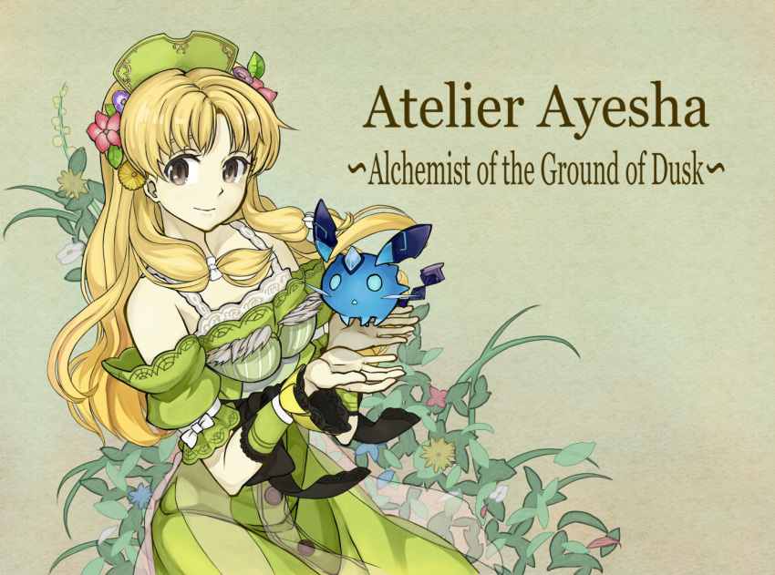 1girl atelier_(series) atelier_ayesha ayesha_altugle blonde_hair brown_eyes creature detached_sleeves dress flower green_background hair_flower hair_ornament hat long_hair payot smile solo suzumo70 title_drop