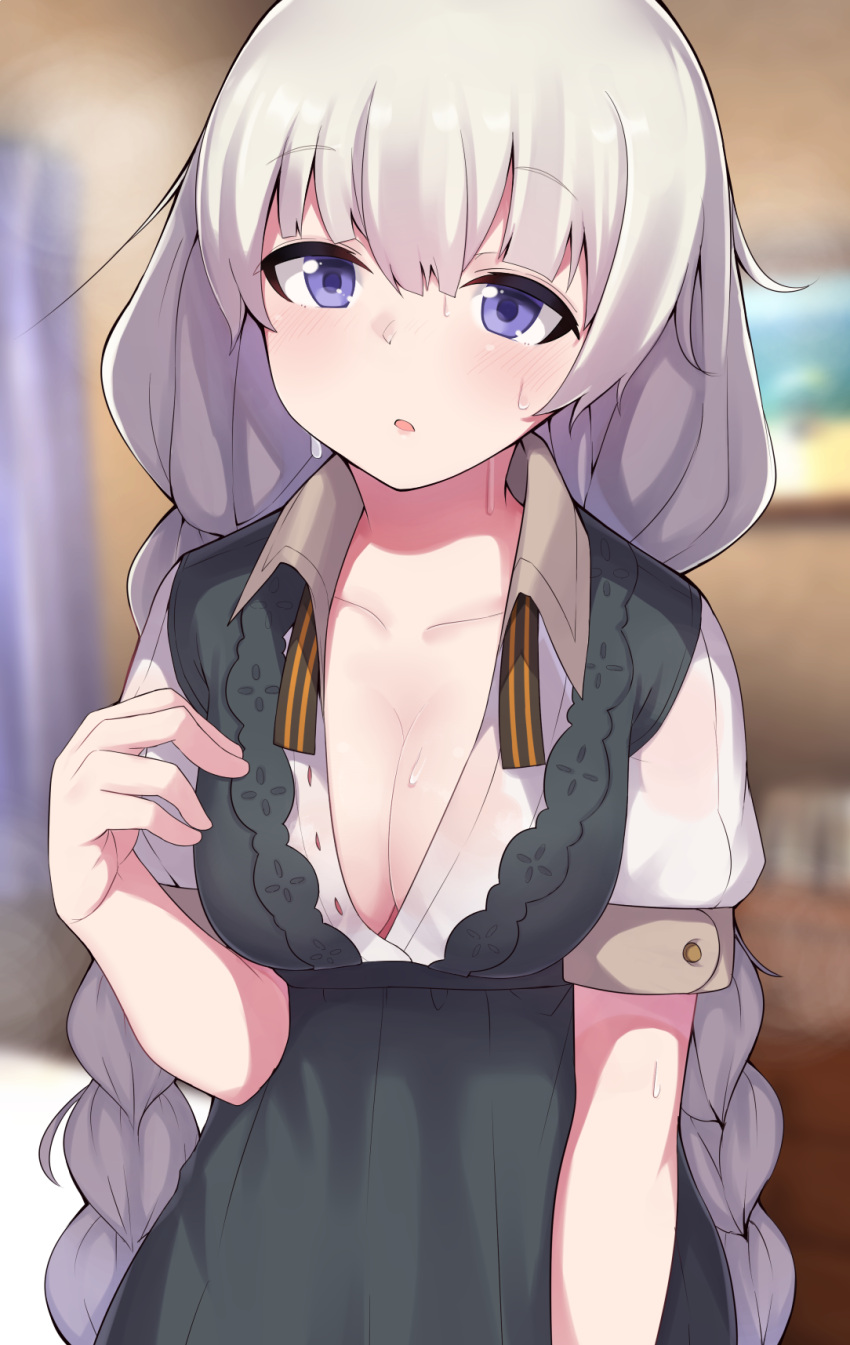 1girl :o bangs black_dress blue_eyes blurry blurry_background blush braid breasts cleavage collared_shirt commentary_request depth_of_field dress dress_shirt grey_hair highres hot indoors kizuna_akari large_breasts long_hair looking_at_viewer no_bra open_mouth paingumi puffy_short_sleeves puffy_sleeves shiny shiny_hair shirt short_sleeves solo sweat twin_braids unbuttoned upper_body very_long_hair voiceroid white_shirt wing_collar
