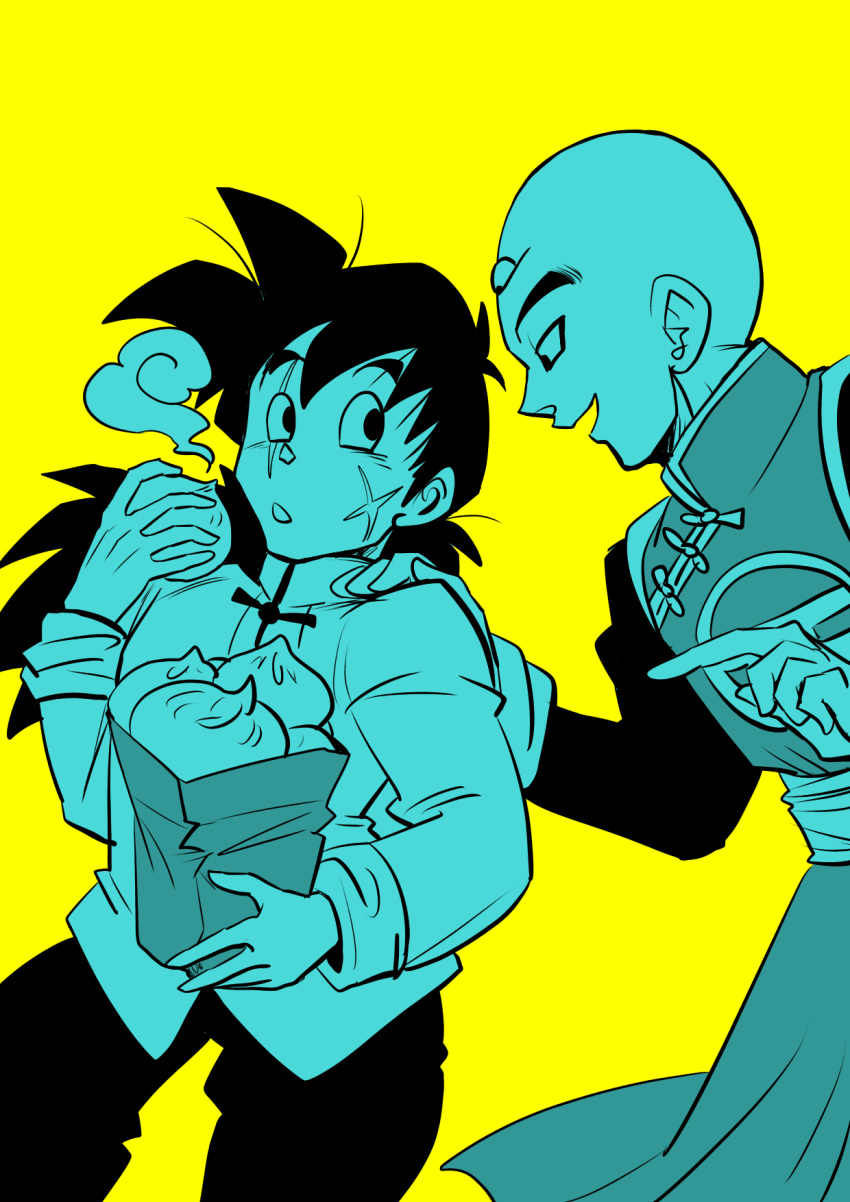 2boys :d :o bag bald black_eyes black_hair black_pants blue chinese_clothes dragon_ball dragonball_z dumpling food hand_on_another's_shoulder highres index_finger_raised long_hair long_sleeves looking_at_another male_focus multiple_boys open_mouth pants profile scar shirt simple_background smile tenshinhan tetsuyo upper_body white_shirt yamcha yellow yellow_background