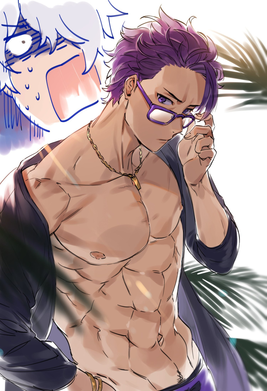 2boys abs beach bracelet fate/grand_order fate_(series) galahad_(fate) grand_dobu hair_over_one_eye highres jewelry lancelot_(fate/grand_order) male_focus multiple_boys navel nipples off_shoulder purple_hair shaded_face silver_hair solo_focus sunglasses surprised sweat tan toned toned_male upper_body violet_eyes