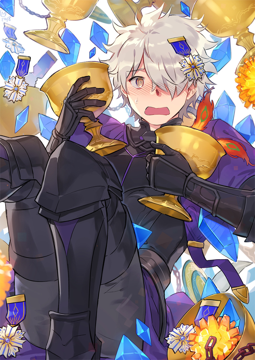 1boy black_gloves blush boots capelet crystal fate/grand_order fate_(series) galahad_(fate) gloves grail grand_dobu hair_over_one_eye highres looking_at_viewer male_focus medal open_mouth silver_hair simple_background sitting solo sweatdrop white_background yellow_eyes