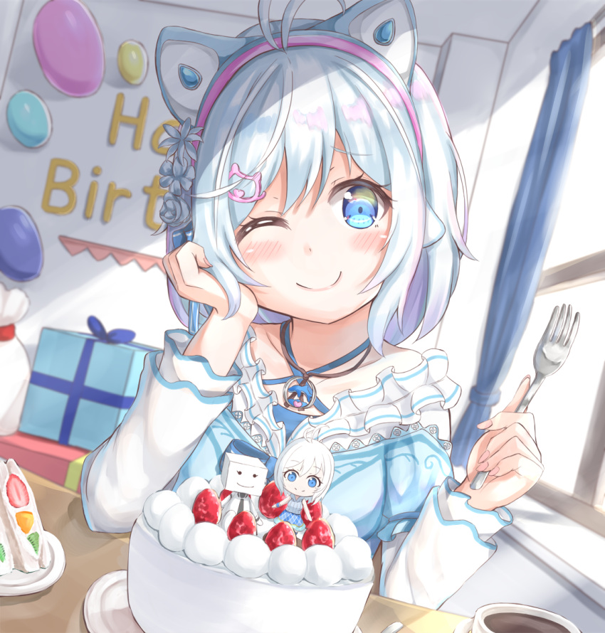 1girl ;) animal_ears antenna_hair arm_support balloon birthday birthday_cake blue_dress blue_eyes blue_flower blue_rose blue_skirt blush box cake cat_ears closed_mouth coffee commentary_request cup curtains day dennou_shoujo_youtuber_shiro dress fingernails flower food fruit gift gift_box grey_sweater hair_flower hair_ornament hairband hands_up head_in_hand head_tilt highres holding holding_food indoors keiran_(ryo170) long_hair long_sleeves looking_at_viewer nail_polish one_eye_closed pink_hairband pink_nails puffy_short_sleeves puffy_sleeves ribbed_sweater rose shiro_(dennou_shoujo_youtuber_shiro) shirt short_over_long_sleeves short_sleeves silver_hair skirt slice_of_cake smile solo strawberry sunlight sweater teacup virtual_youtuber white_shirt window