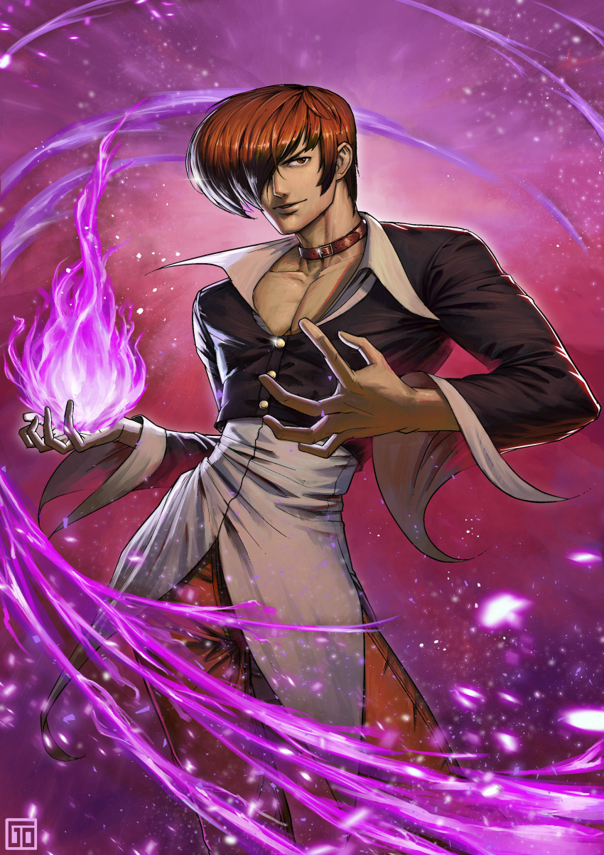 1boy absurdres belt brown_hair choker collarbone fire glint goodotaku hair_over_one_eye highres jacket male_focus pants purple_fire red_eyes red_pants smile snk solo standing the_king_of_fighters watermark yagami_iori