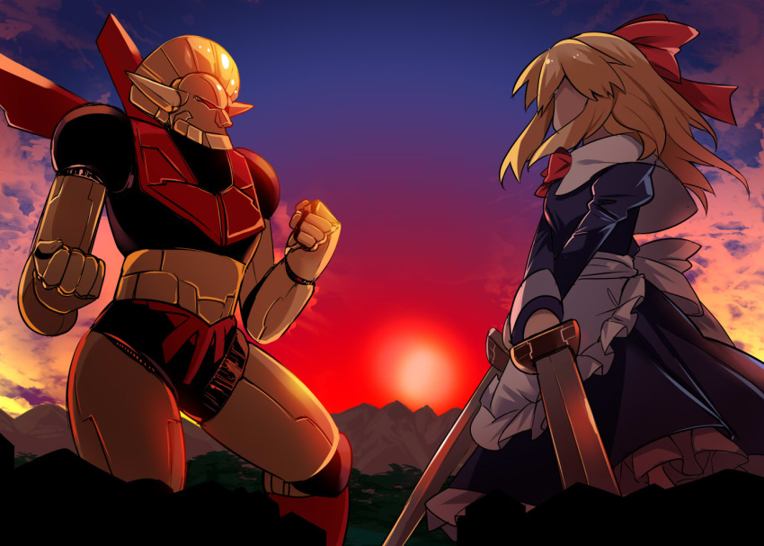 1girl apron blonde_hair blue_dress blue_sky bow bowtie breasts clenched_hands clouds commentary_request dress e.o. face-to-face faceless fighting_stance forest frilled_apron frills goliath_doll gradient_sky hair_bow hands_up hisou_tensoku holding holding_sword holding_weapon juliet_sleeves long_hair long_sleeves looking_at_another mecha medium_breasts mountain nature petticoat puffy_sleeves red_bow red_neckwear red_sky sidelocks sky standing sun sunset sword touhou waist_apron weapon white_apron