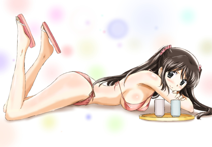 1girl bikini black_eyes black_hair breasts commentary_request cup full_body kinfuji looking_at_viewer lying medium_breasts on_stomach original pink_bikini sandals side-tie_bikini smile solo swimsuit tray twintails white_background yunomi