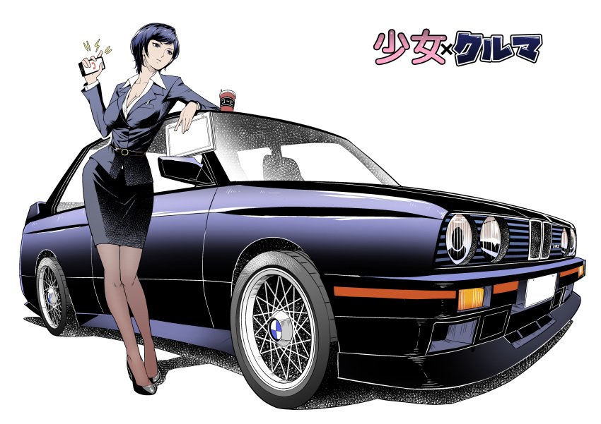 1girl absurdres belt black_footwear blue_hair bmw breasts car cellphone cleavage coffee_cup contrapposto cup disposable_cup goodotaku ground_vehicle high_heels highres leaning medium_breasts motor_vehicle office_lady pantyhose papers pen pencil_skirt phone pocket short_hair skirt standing