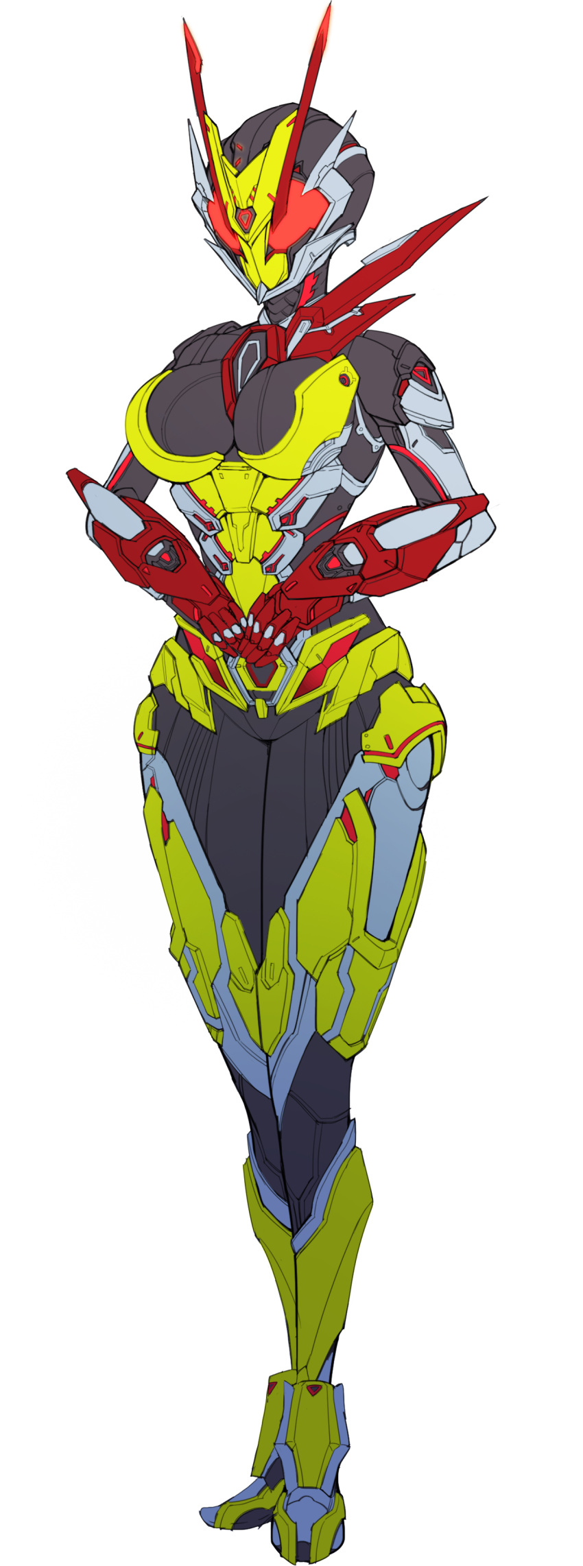 1girl absurdres breasts catball1994 full_body highres is_(kamen_rider_01) kamen_rider kamen_rider_01_(series) kamen_rider_zero-two medium_breasts own_hands_together power_armor red_eyes science_fiction solo tokusatsu white_background