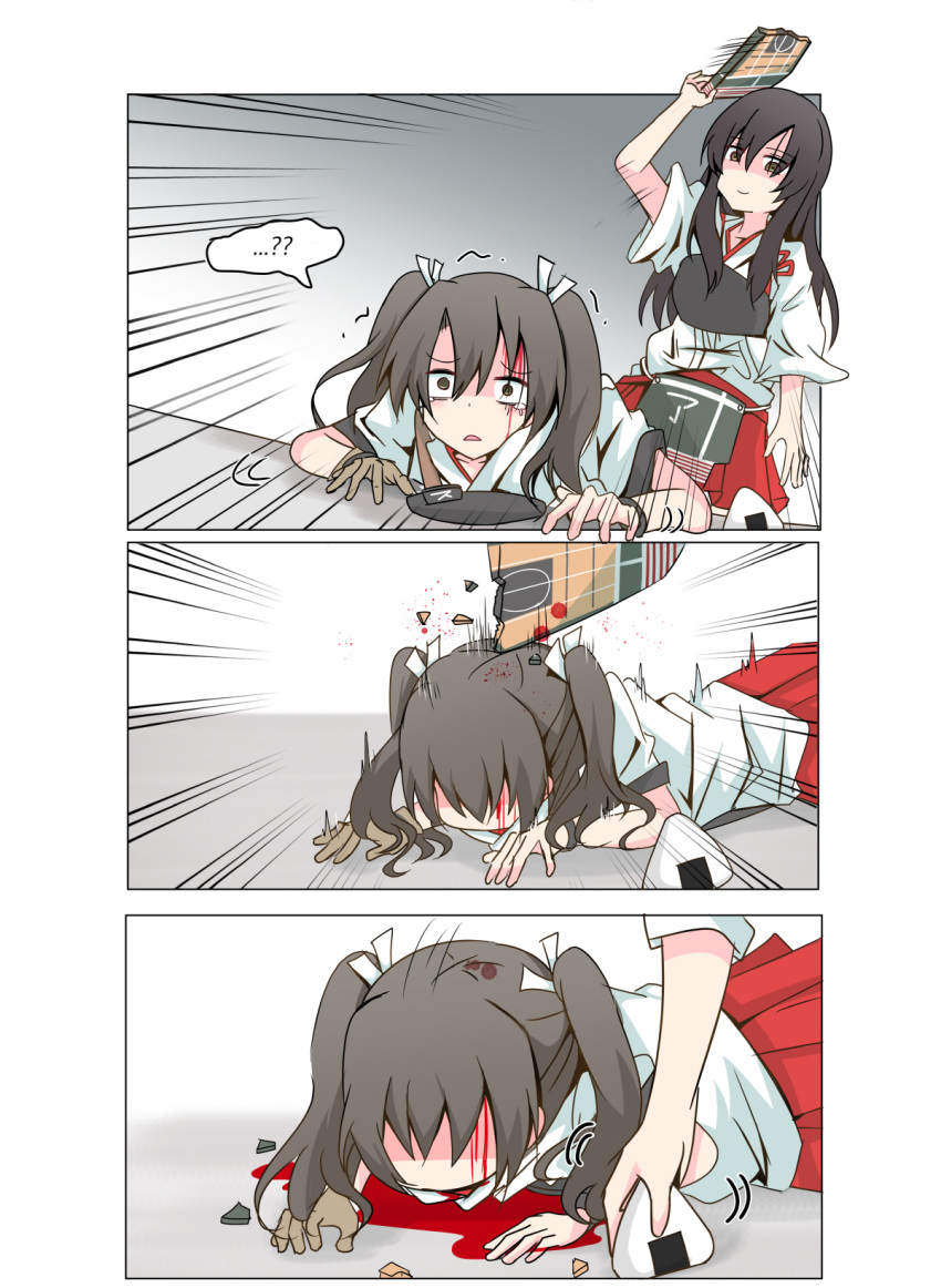 ?? akagi_(kantai_collection) blood blood_on_face blood_splatter comic cyberdemon_no3 flight_deck food hakama_skirt highres hitting injury japanese_clothes kantai_collection long_hair multiple_girls muneate onigiri ribbon straight_hair tears twintails white_ribbon zuikaku_(kantai_collection)