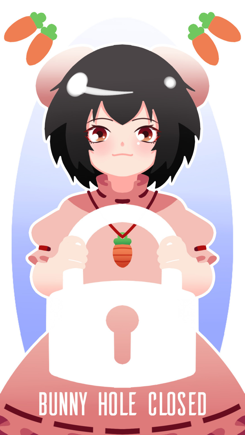 1girl animal_ears black_hair blush brown_eyes carrot carrot_necklace commentary cowboy_shot dress english english_commentary highres holding inaba_tewi lock looking_at_viewer outline phone_wallpaper pink_dress puffy_short_sleeves puffy_sleeves rabbit_ears ribbon-trimmed_dress ribbon_trim short_hair short_sleeves smile solo touhou white_background white_outline yoruny