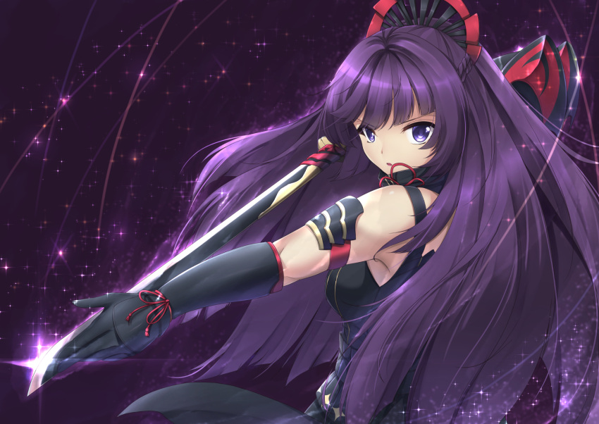 1girl arm_guards bangs benghuai_xueyuan black_gloves blue_eyes braid breasts commentary english_commentary eyebrows_visible_through_hair fighting_stance french_braid from_behind glint gloves hair_ornament high_collar holding holding_sword holding_weapon honkai_impact light_trail long_hair looking_at_viewer looking_back medium_breasts outstretched_arm purple_background purple_hair raiden_mei red_ribbon ribbon sheita shiny shiny_hair sidelocks solo sparkle sword tassel upper_body v-shaped_eyebrows very_long_hair weapon
