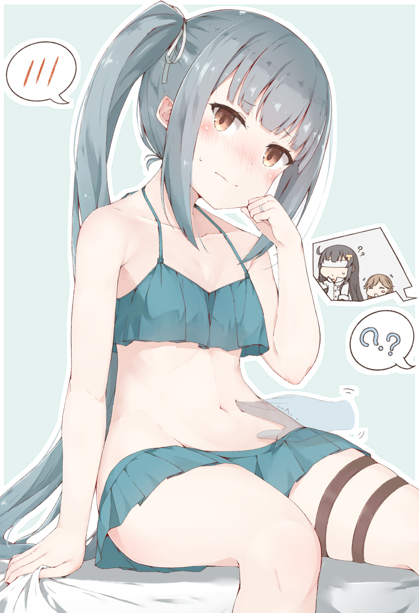 3girls aqua_background arashio_(kantai_collection) bikini black_hair blush brown_eyes brown_hair closed_eyes closed_mouth commentary_request eyebrows_visible_through_hair female_admiral_(kantai_collection) green_bikini grey_hair highres jewelry kantai_collection kasumi_(kantai_collection) long_hair looking_at_viewer multiple_girls open_mouth ring side_ponytail simple_background sitting spoken_blush swimsuit thigh_strap yui_(seiga)