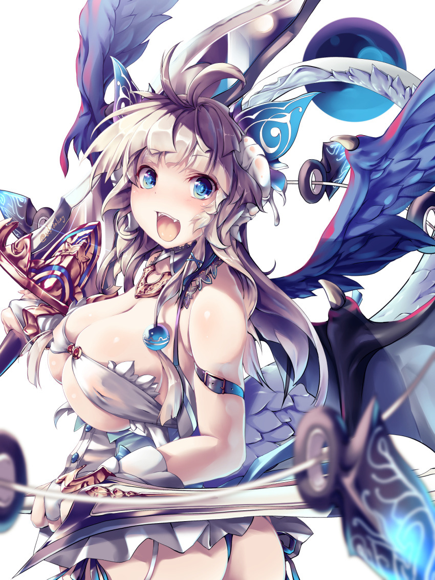 :d antenna_hair anya_(sennen_sensou_aigis) arm_belt ass bare_shoulders blue_eyes breasts cleavage dragon_tail fangs gloves hair_ornament highres holding holding_sword holding_weapon kousaka_yami large_breasts open_mouth sennen_sensou_aigis short_hair sidelocks smile sword tail twisted_torso twitter_username weapon white_gloves wings