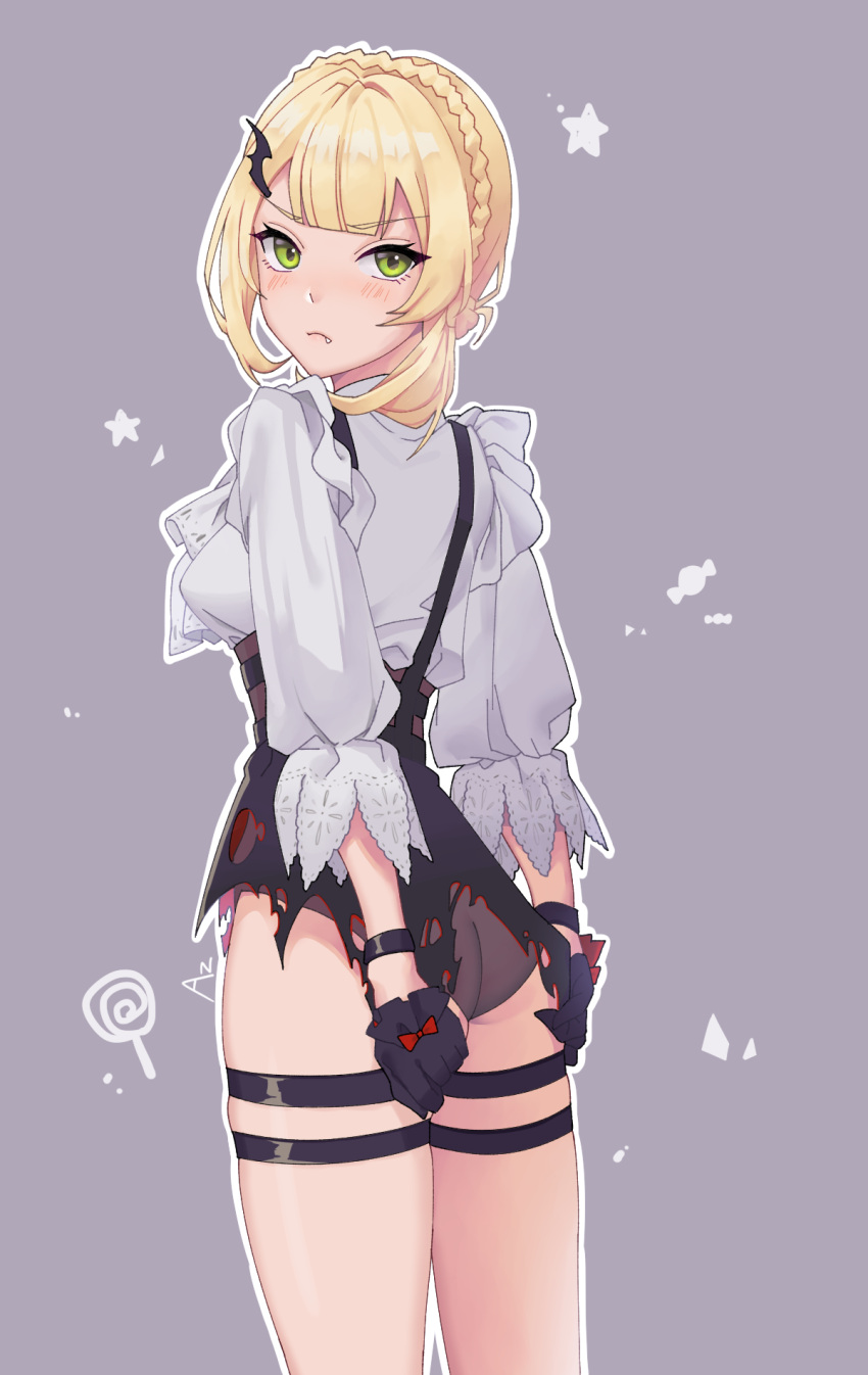 1girl ass back blonde_hair blush closed_mouth girls_frontline gloves green_eyes highres looking_at_viewer looking_back open_clothes qb_516 short_hair simple_background solo standing tagme thighs torn_clothes underwear welrod_mk2_(girls_frontline)