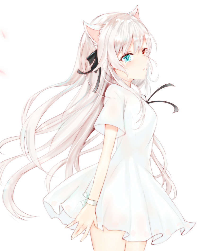 1girl animal_ears black_ribbon blue_eyes cat_ears cat_girl cowboy_shot crying crying_with_eyes_open dress eyebrows_visible_through_hair floating_hair from_side fyy_(fyy8494) hair_ribbon heterochromia highres long_hair neck_ribbon orange_eyes original ribbon short_dress short_sleeves silver_hair simple_background solo standing tears very_long_hair white_background white_dress white_ribbon wrist_ribbon