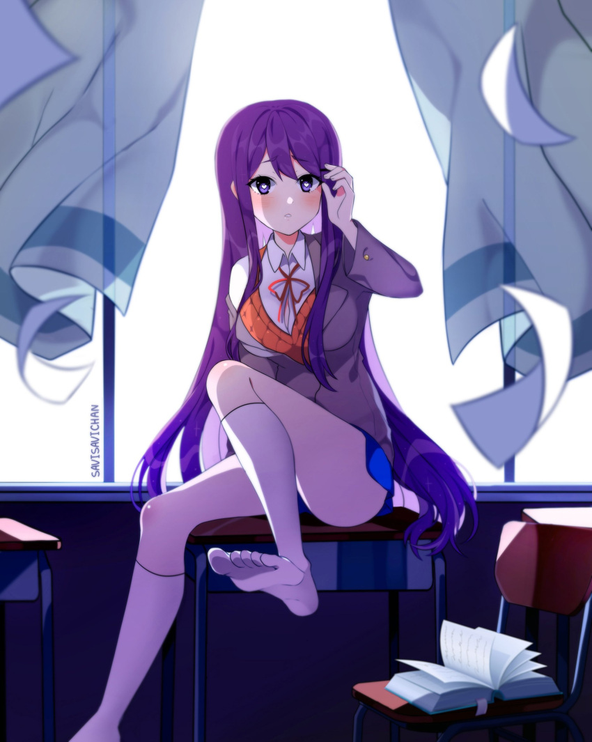 1girl artist_name backlighting blue_skirt blush book bookmark chair commentary curtains desk doki_doki_literature_club english_commentary eyebrows_visible_through_hair grey_jacket hair_ornament hairclip heart heart-shaped_pupils highres indoors jacket kneehighs long_hair looking_at_viewer no_shoes off_shoulder open_book orange_vest parted_lips savi_(byakushimc) school_desk school_uniform shirt sitting skirt solo symbol-shaped_pupils toes very_long_hair violet_eyes white_legwear white_shirt wind yuri_(doki_doki_literature_club)