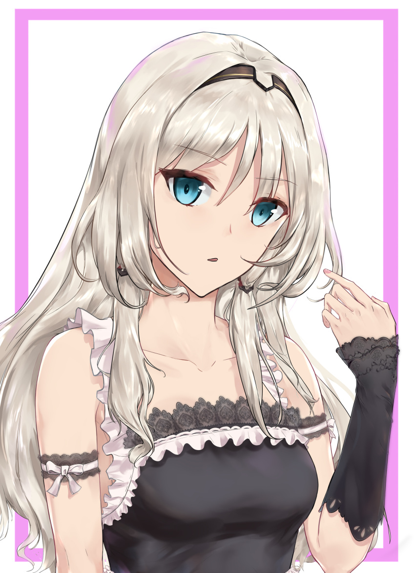1girl absurdres alternate_costume an-94_(girls_frontline) bands blonde_hair blue_eyes enmaided girls_frontline hairband hand_up highres long_hair looking_at_viewer maid open_mouth solo user_qeg5954 white_background
