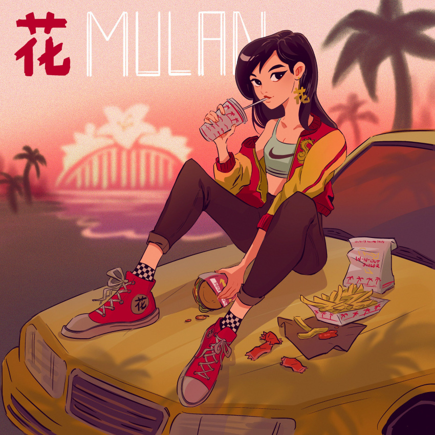 1girl absurdres artist_request bag car disney drinking_straw earrings fa_mulan_(disney) food french_fries ground_vehicle hamburger highres jacket jewelry motor_vehicle mulan nike palm_tree paper_bag shoes sneakers soft_drink sun sunset tree wreck-it_ralph