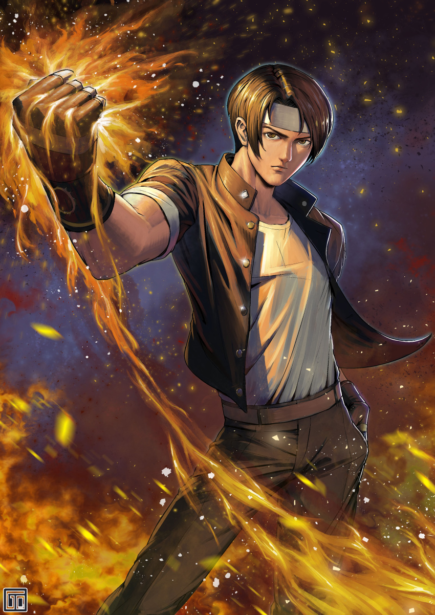 1boy absurdres belt brown_eyes brown_hair brown_jacket brown_pants clenched_hand fingerless_gloves fire gloves goodotaku hand_up headband highres jacket kusanagi_kyou looking_at_viewer male_focus pants shirt snk solo t-shirt the_king_of_fighters watermark white_headband white_shirt