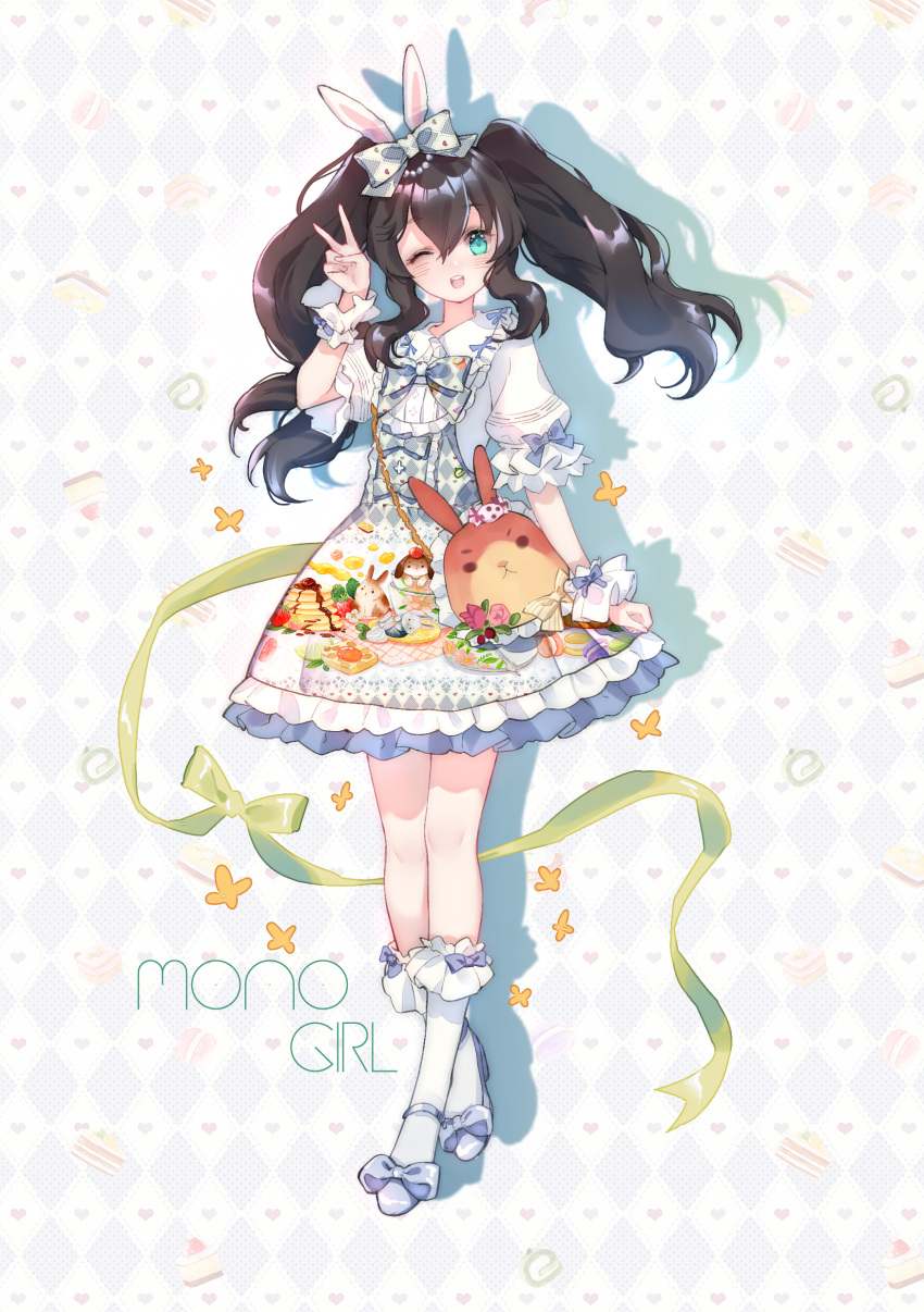 1girl ;d absurdres animal_bag animal_ears animal_print ankle_strap aqua_eyes argyle argyle_background black_hair blue_bow blue_footwear bobby_socks bow bowtie bunny_print clenched_hand dress drop_shadow food full_body green_ribbon hair_bow hand_up highres lolita_fashion long_hair looking_at_viewer macaron one_eye_closed open_mouth original pancake print_dress rabbit rabbit_ears ribbon round_teeth short_sleeves sidelocks smile socks solo stack_of_pancakes teeth twintails upper_teeth v white_legwear wrist_cuffs yuzhi