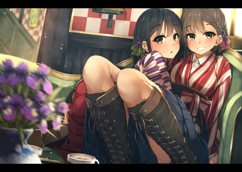 2girls :o absurdres arm_support bangs black_hair blue_hakama blurry blurry_background blurry_foreground blush boots braid breasts brown_eyes brown_footwear brown_hair checkered checkered_wall collared_shirt comiket_94 commentary_request couch cross-laced_footwear depth_of_field dress_shirt eyebrows_visible_through_hair flower green_eyes hair_between_eyes hair_ornament hakama hakama_skirt highres huge_filesize japanese_clothes kimono knee_boots lace-up_boots looking_at_viewer medium_breasts multiple_girls on_couch original parted_lips purple_flower red_hakama rerrere shirt sitting vase white_shirt yagasuri