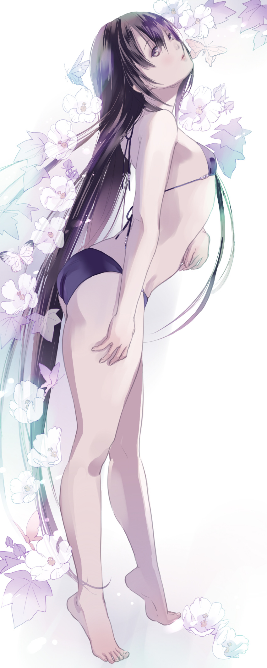 1boy absurdres arched+back as bare_shoulders bikini black_hair brown_eyes crossdressinging flower getbackers highres hirai_chika lips long_hair looking_at_viewer looking_back parted_lips solo swimsuit tiptoes trap white_backgrund