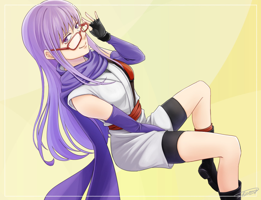 1girl adjusting_eyewear bare_shoulders between_legs black_footwear black_gloves boots breasts commentary_request detached_sleeves fingerless_gloves gintama glasses gloves hand_between_legs japanese_clothes long_hair mole mole_under_eye purple_hair purple_scarf red-framed_eyewear sarutobi_ayame scarf shinomy signature simple_background sitting smile solo violet_eyes yellow_background