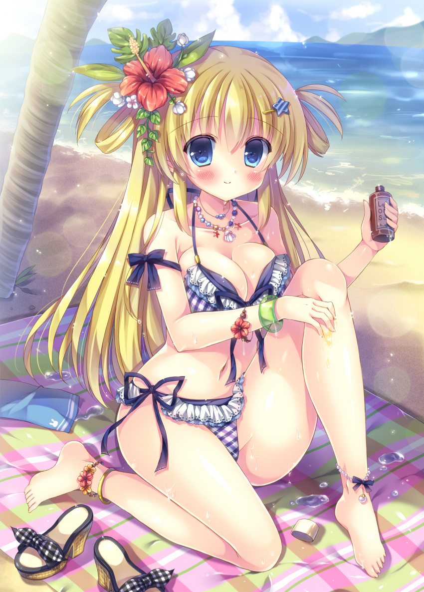 1girl absurdres bangs bare_shoulders barefoot beach beach_towel bikini blonde_hair blue_bow blue_eyes blue_sky blush bottle bow breasts cleavage closed_mouth clouds cloudy_sky collarbone commentary_request day eyebrows_visible_through_hair fingernails flower hair_between_eyes hair_flower hair_ornament hairclip highres holding holding_bottle horizon kouta. large_breasts long_hair looking_at_viewer lotion mountain ocean original outdoors palm_tree plaid plaid_bikini purple_bikini red_flower sand sandals shoes_removed side-tie_bikini sidelocks sitting sky smile solo star star_hair_ornament summer sunscreen swimsuit towel transparent tree very_long_hair water white_flower