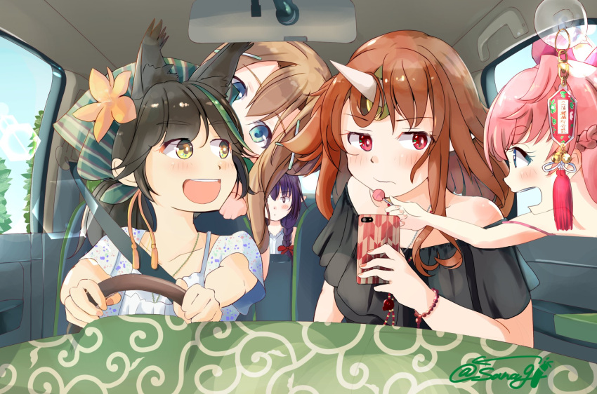 5girls animal_ears artist_request azur_lane black_hair black_shirt blue_eyes blush bracelet braid brown_hair candy car double_bun driving eyebrows_visible_through_hair flower food fox_ears ground_vehicle hair_flower hair_ornament hair_ribbon highres holding horn jewelry kuroshio_(azur_lane) lollipop matsukaze_(azur_lane) mogami_(azur_lane) motor_vehicle multicolored_hair multiple_girls open_mouth oyashio_(azur_lane) peeking phone pink_hair pointy_ears radford_(azur_lane) red_eyes ribbon shirt signature smile steering_wheel tassel twin_braids yellow_eyes