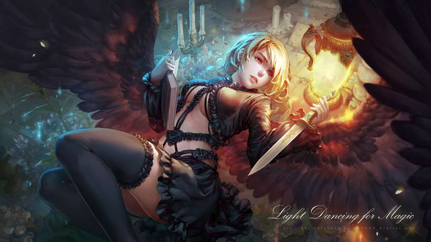 angel angel_wings antilous black_legwear black_skirt black_wings blonde_hair book breasts candle candlestand cleavage dagger english fantasy frills holding holding_book holding_dagger holding_weapon jewelry lantern long_sleeves looking_to_the_side lying medium_breasts midriff on_back open_book original parted_lips ring skirt thigh-highs under_boob urn weapon wings