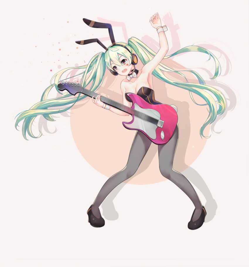 1girl :o animal_ears aqua_hair arm_up bare_shoulders black_choker black_footwear bow breasts bunnysuit choker cleavage fake_animal_ears full_body guitar hatsune_miku headphones headset instrument long_hair medium_breasts music obli pantyhose playing_instrument red_eyes solo standing star twintails very_long_hair vocaloid white_bow wrist_cuffs