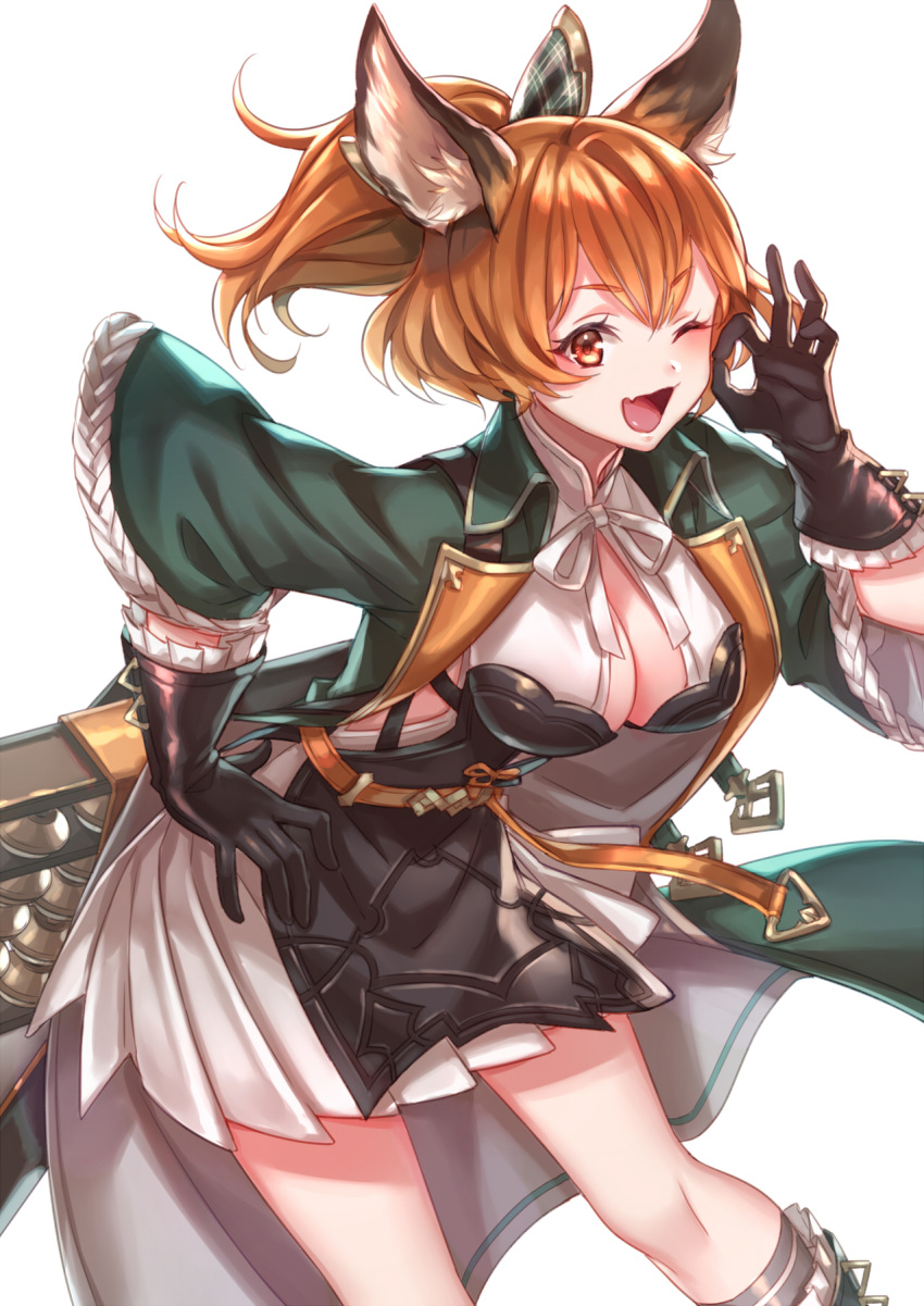 1girl ;d animal_ears black_gloves blush breasts brown_hair character_request cleavage erune gloves granblue_fantasy green_jacket hair_ornament hand_on_hip highres jacket kneehighs looking_at_viewer medium_breasts one_eye_closed open_mouth ponytail red_eyes simple_background skirt smile solo standing white_background white_skirt zoff_(daria)