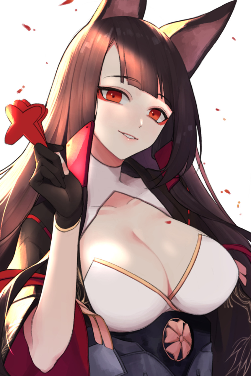 1girl akagi_(azur_lane) azur_lane breasts brown_hair cleavage gloves highres large_breasts long_hair looking_at_viewer open_mouth qb_516 red_eyes simple_background smile solo tagme