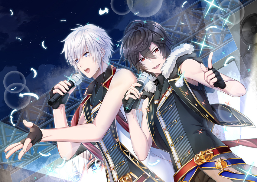 2boys :d black_gloves black_hair blue_eyes character_request dutch_angle fingerless_gloves from_below gloves granblue_fantasy hair_between_eyes holding holding_microphone index_finger_raised jiman looking_at_viewer microphone multiple_boys music night open_mouth outdoors red_eyes sandalphon_(granblue_fantasy) silver_hair singing sky sleeveless smile stage star_(sky) starry_sky white_feathers