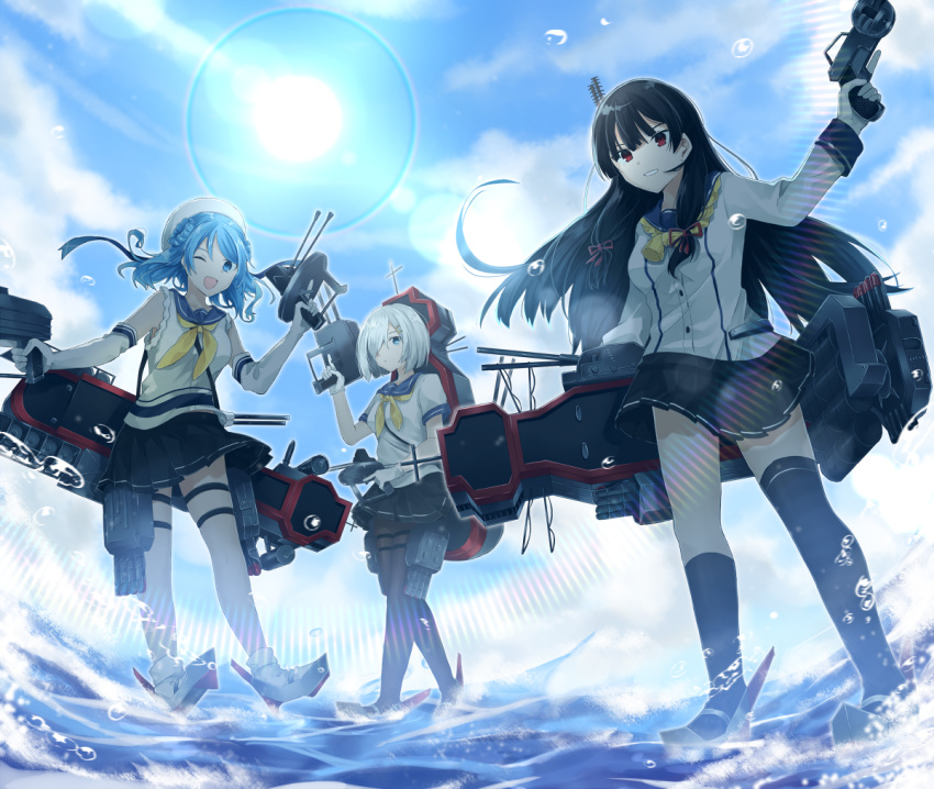 3girls asymmetrical_legwear black_hair black_legwear black_skirt blue_eyes blue_hair blush breasts cannon clouds day double_bun elbow_gloves eyebrows_visible_through_hair floating_hair full_body gloves gun hair_ornament hair_over_one_eye hair_ribbon hairclip hamakaze_(kantai_collection) hat holding holding_gun holding_weapon isokaze_(kantai_collection) iuyu_(pixiv_32066694) kantai_collection kneehighs large_breasts long_hair long_sleeves looking_at_viewer machinery multiple_girls neckerchief one_eye_closed open_mouth outdoors pantyhose parted_lips pleated_skirt red_eyes remodel_(kantai_collection) ribbon rigging rudder_shoes school_uniform serafuku short_hair short_sleeves silver_hair single_kneehigh single_thighhigh skirt sleeves_rolled_up smile splashing standing standing_on_liquid sunlight thigh-highs thigh_strap thighs torpedo_launcher tress_ribbon trigger_discipline urakaze_(kantai_collection) weapon white_gloves white_hat wind yellow_neckwear