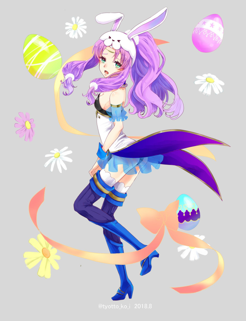1girl alternate_costume alternate_hairstyle animal_ears boots dated easter_egg egg fake_animal_ears fire_emblem fire_emblem:_rekka_no_ken fire_emblem_heroes florina flower from_side green_eyes grey_background high_heel_boots high_heels highres long_hair looking_to_the_side open_mouth ponytail purple_hair rabbit_ears see-through simple_background solo thigh-highs twitter_username tyotto_ko_i