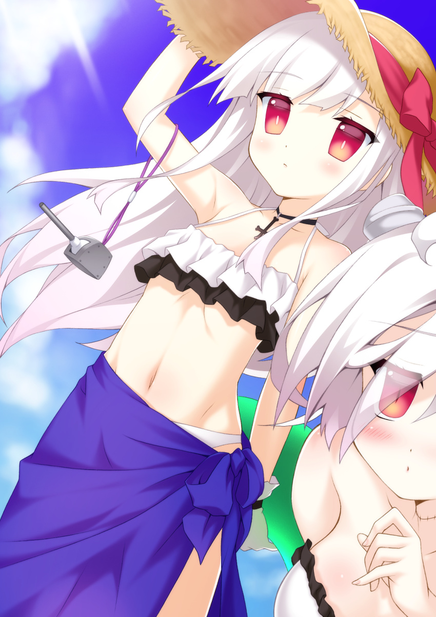 2girls arm_up azur_lane bangs bare_arms bare_shoulders bikini blue_sky blush bow breasts closed_mouth clouds collarbone commentary_request day erebus_(azur_lane) eyebrows_visible_through_hair eyes_visible_through_hair fingernails groin hair_over_one_eye hand_on_headwear hat hat_bow highres long_hair medium_breasts multiple_girls navel outdoors red_bow red_eyes sarong silver_hair sky small_breasts stitches straw_hat swimsuit taira_takehiro terror_(azur_lane) very_long_hair white_bikini
