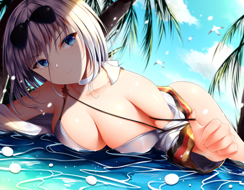 1girl azur_lane bikini_top bird blue_eyes blue_sky breasts choker cleavage closed_mouth clouds day eyebrows_visible_through_hair eyewear_on_head german_flag highres looking_to_the_side lying medium_breasts on_stomach ribbon ribbon_choker short_hair silver_hair sky solo sunglasses tirpitz_(azur_lane) water white_bikini_top white_choker white_ribbon wsman