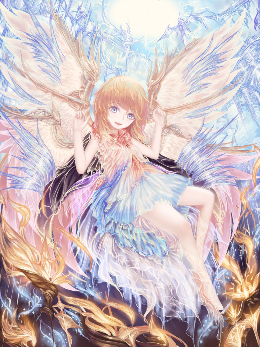 1girl angel_wings bad_leg barefoot blue_eyes blue_skirt blue_sky brown_hair full_body hands_up highres looking_at_viewer original pink_neckwear rinmmo see-through skirt sky smile solo white_wings wings