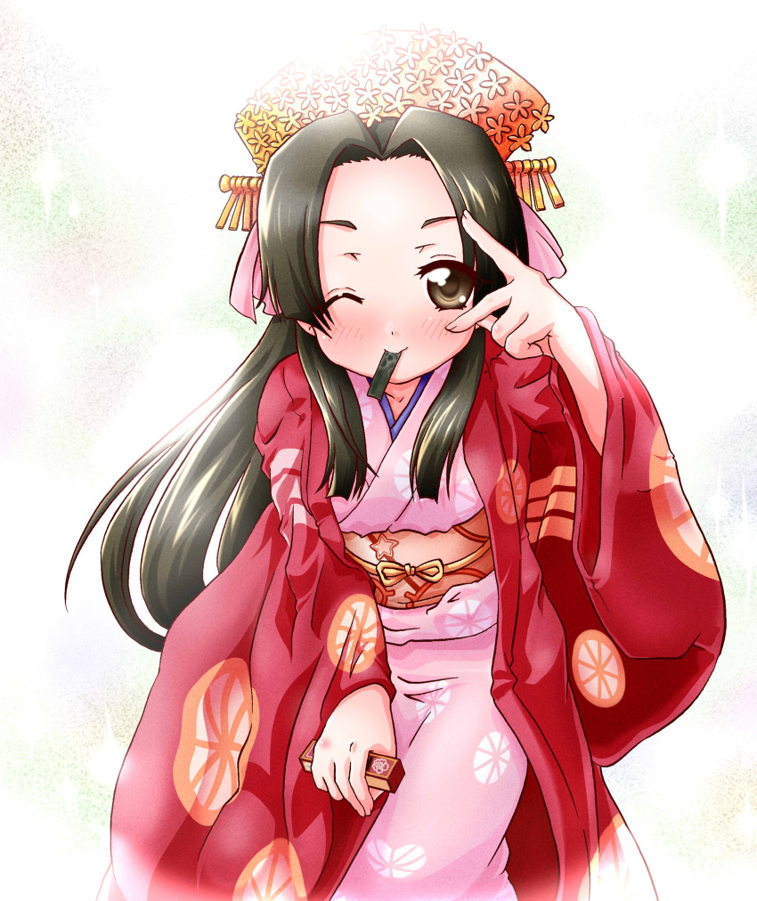 1girl bangs black_hair blunt_bangs blush brown_eyes gintama hair_ornament haori highres holding in_mouth japanese_clothes kanon_(kurogane_knights) kimono leaning_forward long_hair looking_at_viewer obi one_eye_closed pink_kimono sash simple_background tokugawa_soyo white_background wide_sleeves