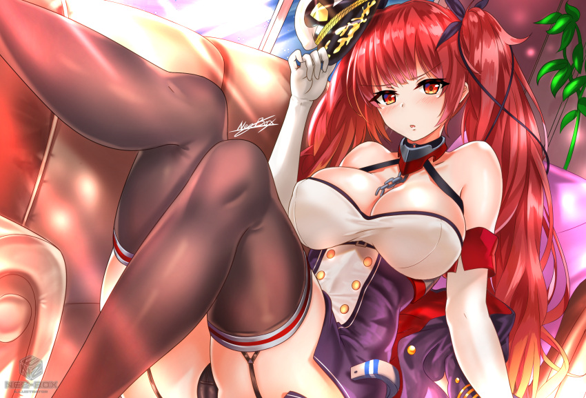 1girl :o arm_support azur_lane bangs bare_shoulders belt black_legwear black_panties black_ribbon blush breasts buckle chains chair choker cleavage collarbone commentary dress elbow_gloves eyebrows_visible_through_hair garter_straps gloves hair_ribbon hat highres holding holding_hat honolulu_(azur_lane) jacket jacket_removed large_breasts leg_up light_rays long_hair looking_at_viewer lounge_chair nez-kun o-ring open_mouth panties peaked_cap plant red_eyes redhead revision ribbon short_dress signature sitting solo thigh-highs twintails underwear white_gloves window