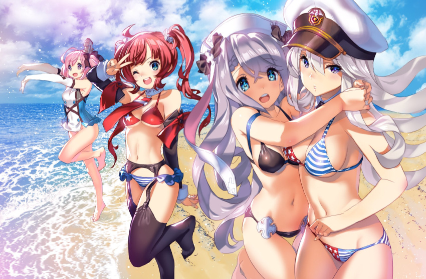 4girls azur_lane bare_legs beach bikini blue_eyes clouds commentary_request detached_sleeves enterprise_(azur_lane) hat highres hug itou_ben looking_at_viewer military_hat multiple_girls navel nurse_cap one_eye_closed pink_hair redhead san_diego_(azur_lane) saratoga_(kantai_collection) silver_hair sky swimsuit thigh-highs twintails v vestal_(azur_lane)