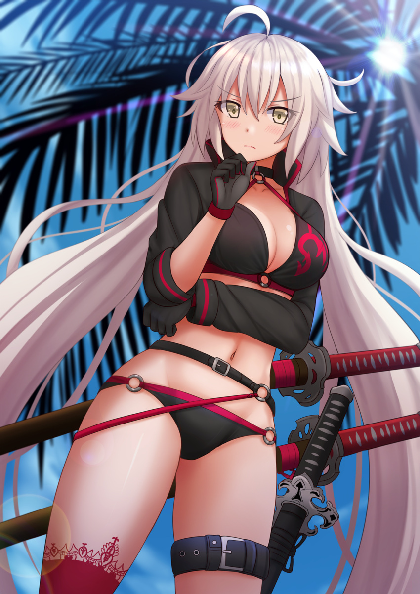 &gt;:( 1girl ahoge bangs belt bikini black_bikini black_gloves blue_eyes blue_sky blurry blurry_background blush breasts buckle cleavage closed_mouth commentary dark_skin day depth_of_field eyebrows_visible_through_hair fate/grand_order fate_(series) gloves grey_hair hand_on_own_chin high_collar highres jeanne_d'arc_(alter_swimsuit_berserker) katana kazenokaze large_breasts lens_flare light_rays long_hair long_sleeves navel o-ring o-ring_bikini outdoors palm_tree pink_legwear sheath sheathed shiny shiny_skin shrug_(clothing) single_thighhigh sky solo sun sunbeam sunlight swimsuit sword thigh-highs thigh_strap thighs thinking tree very_long_hair weapon yellow_eyes