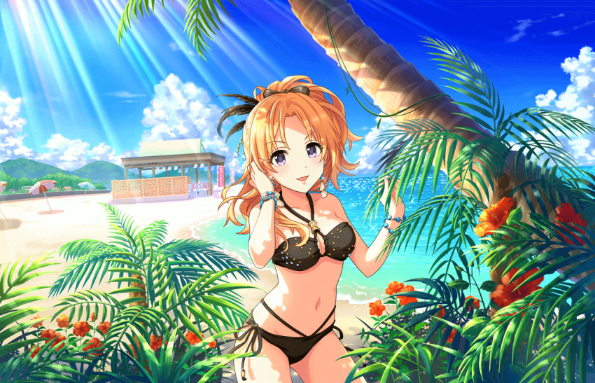 1girl artist_request bikini black_bikini blonde_hair bow bracelet breasts clouds cloudy_sky day earrings hair_bow idolmaster idolmaster_cinderella_girls idolmaster_cinderella_girls_starlight_stage jewelry kiryuu_tsukasa_(idolmaster) long_hair medium_breasts midriff official_art sky smile swimsuit violet_eyes water