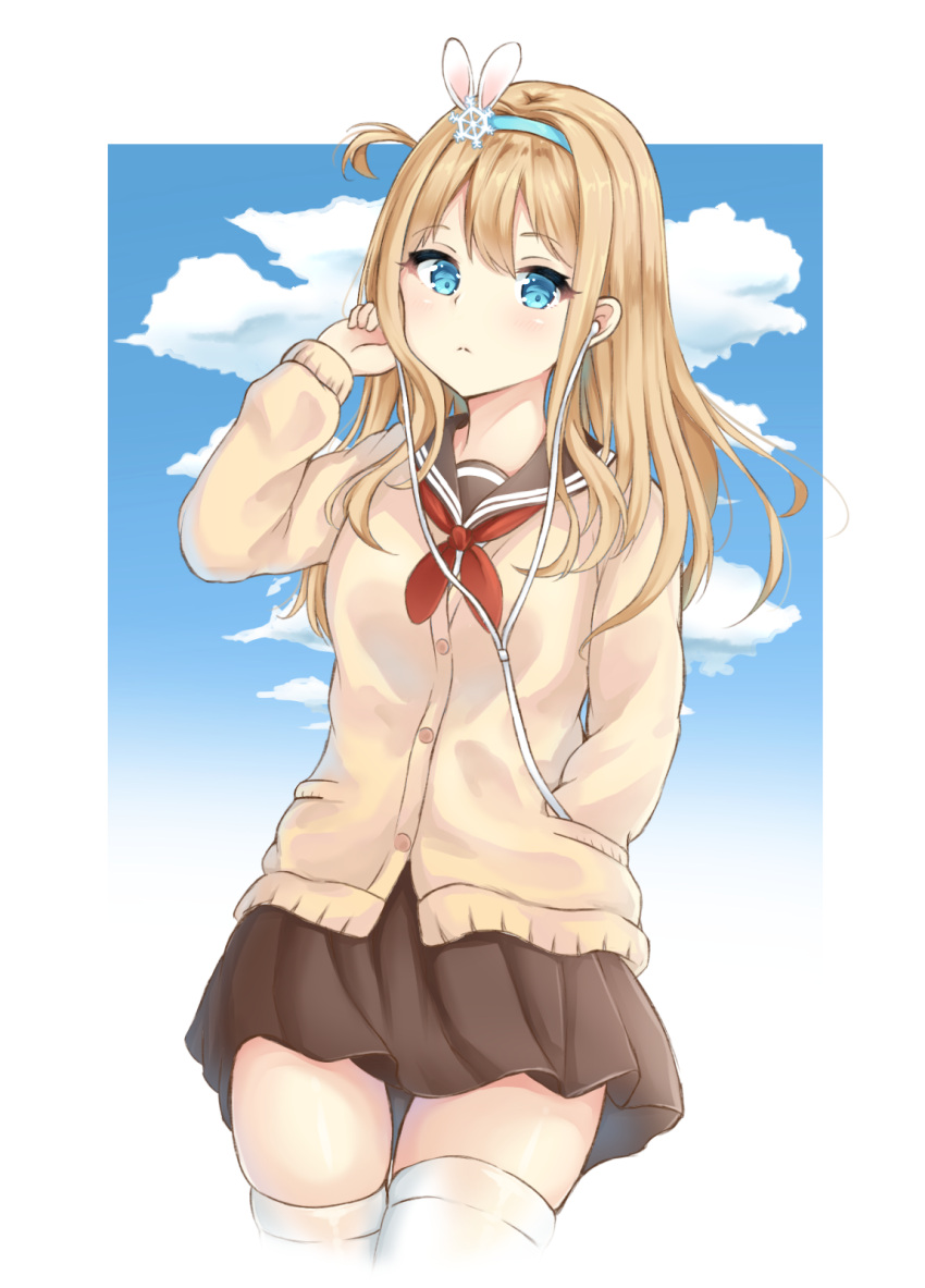 1girl bangs black_sailor_collar blue_hairband blue_sky blush breasts brown_cardigan brown_skirt cardigan closed_mouth clouds cloudy_sky commentary day earphones earphones eyebrows_visible_through_hair girls_frontline hair_between_eyes hairband hand_in_pocket hand_up head_tilt highres light_brown_hair long_hair long_sleeves looking_at_viewer medium_breasts neckerchief one_side_up pleated_skirt red_neckwear sailor_collar school_uniform serafuku seventeen_(st17215) skindentation skirt sky sleeves_past_wrists snowflakes solo suomi_kp31_(girls_frontline) symbol_commentary thigh-highs white_legwear