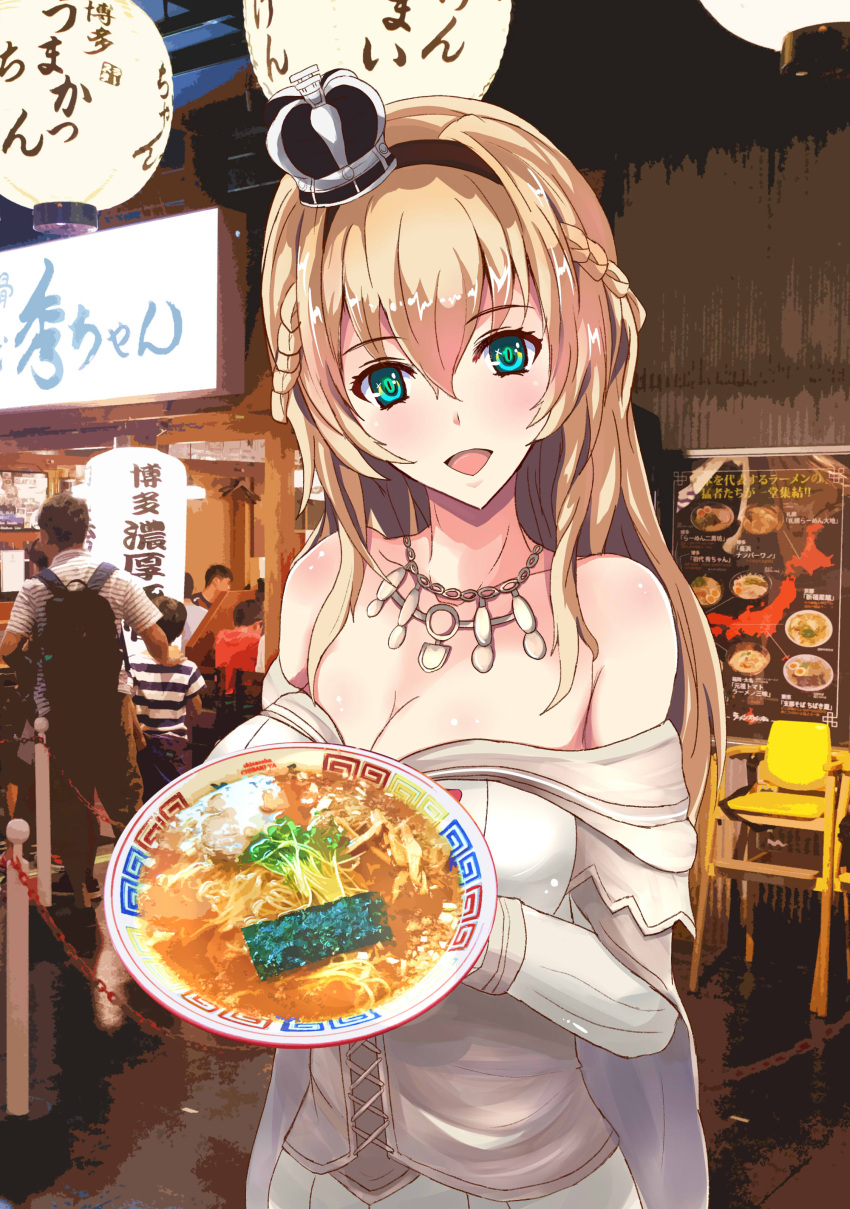 1girl absurdres blonde_hair blue_eyes braid breasts cleavage corset crown dress flower food french_braid hairband highres jewelry jinkai_yamizawa kantai_collection long_hair long_sleeves mini_crown moriya necklace noodles off-shoulder_dress off_shoulder photo_background plant ramen red_flower red_ribbon red_rose ribbon rose solo vines warspite_(kantai_collection) white_dress
