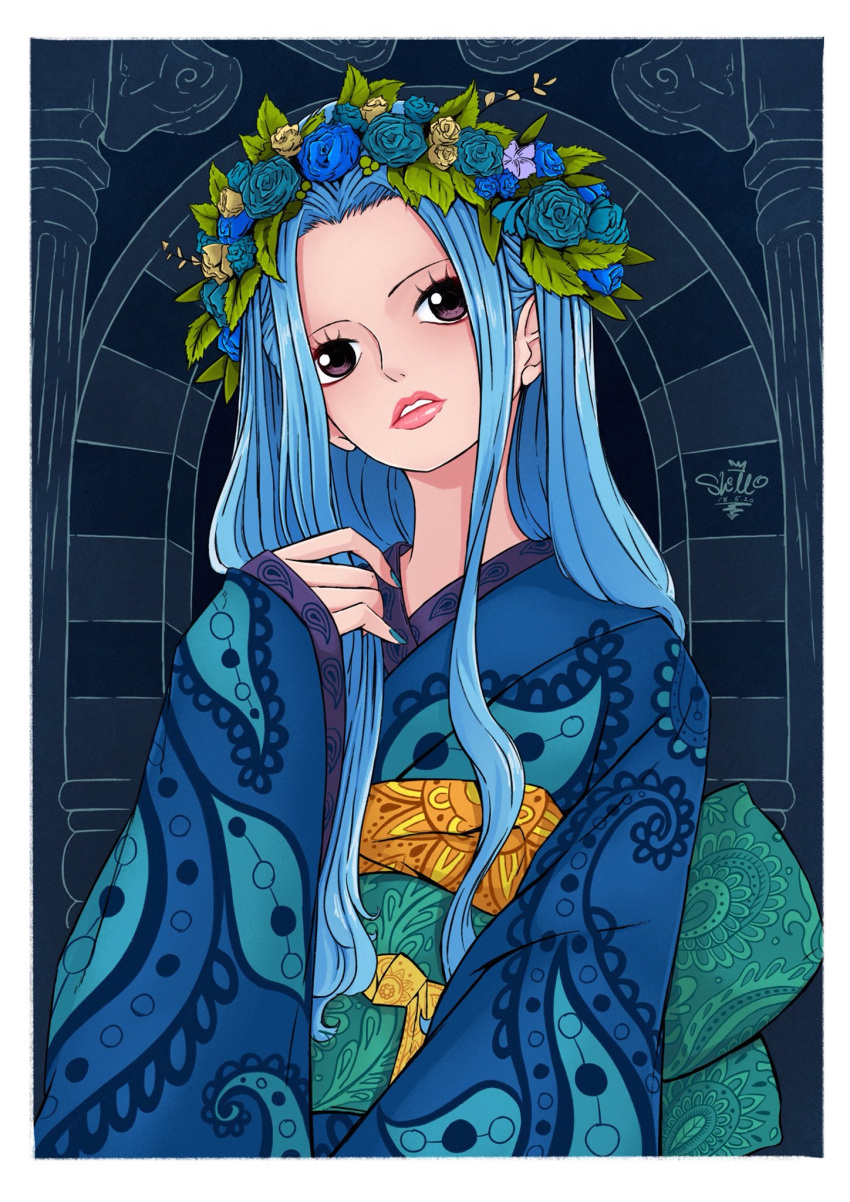 1girl alternate_costume aqua_flower blue_flower blue_hair blue_kimono female flower head_tilt head_wreath highres japanese_clothes kimono leaf lips lipstick long_hair makeup nefertari_vivi obi one_piece parted_lips portrait sash sherumaru_(korcht06) signature solo wide_sleeves