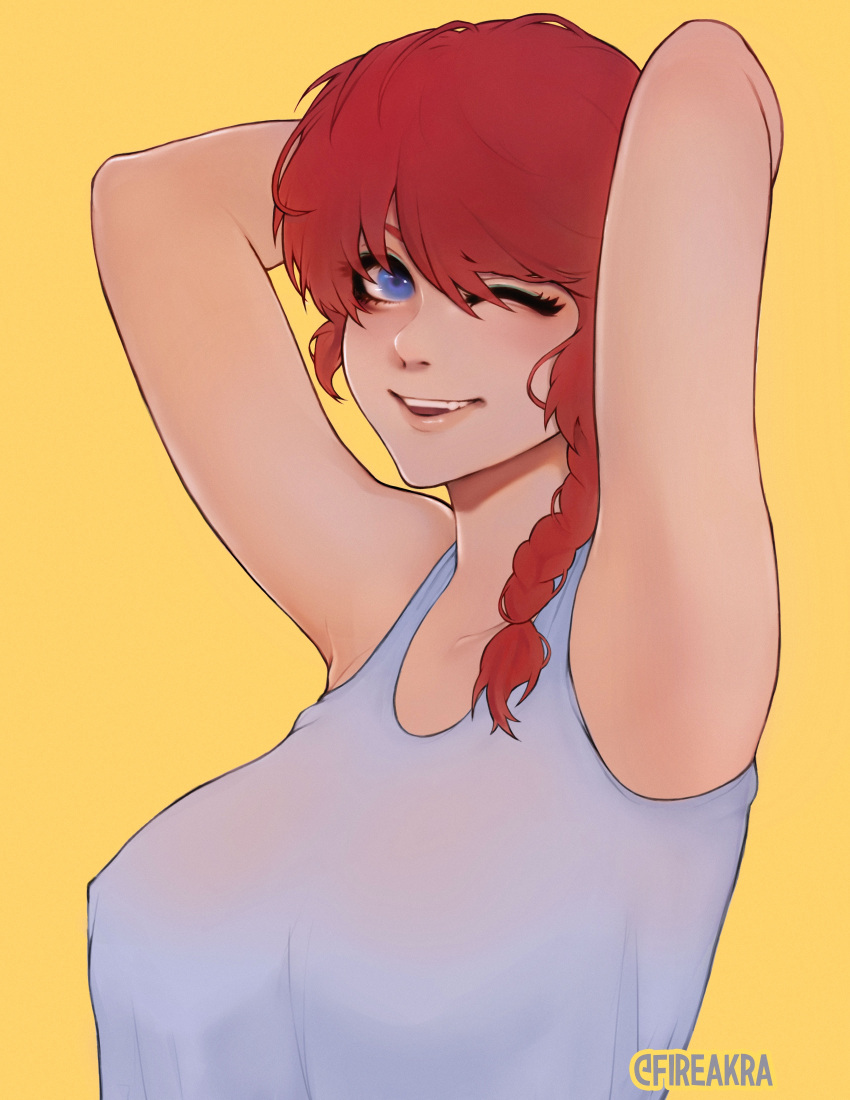 1girl absurdres armpits arms_behind_head arms_up artist_name bangs bare_arms bare_shoulders blue_eyes braid camisole collarbone fire-akra genderswap genderswap_(mtf) highres long_hair looking_at_viewer one_eye_closed open_mouth ranma-chan ranma_1/2 redhead saotome_ranma simple_background single_braid smile solo twitter_username upper_body yellow_background