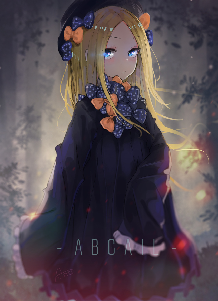 1girl abigail_williams_(fate/grand_order) ano54 bangs black_bow black_dress black_hat blonde_hair blue_eyes bow bug butterfly character_name closed_mouth commentary dress eyebrows_visible_through_hair fate/grand_order fate_(series) forehead hair_bow hat highres insect long_hair long_sleeves looking_at_viewer orange_bow parted_bangs polka_dot polka_dot_bow signature sleeves_past_fingers sleeves_past_wrists solo very_long_hair